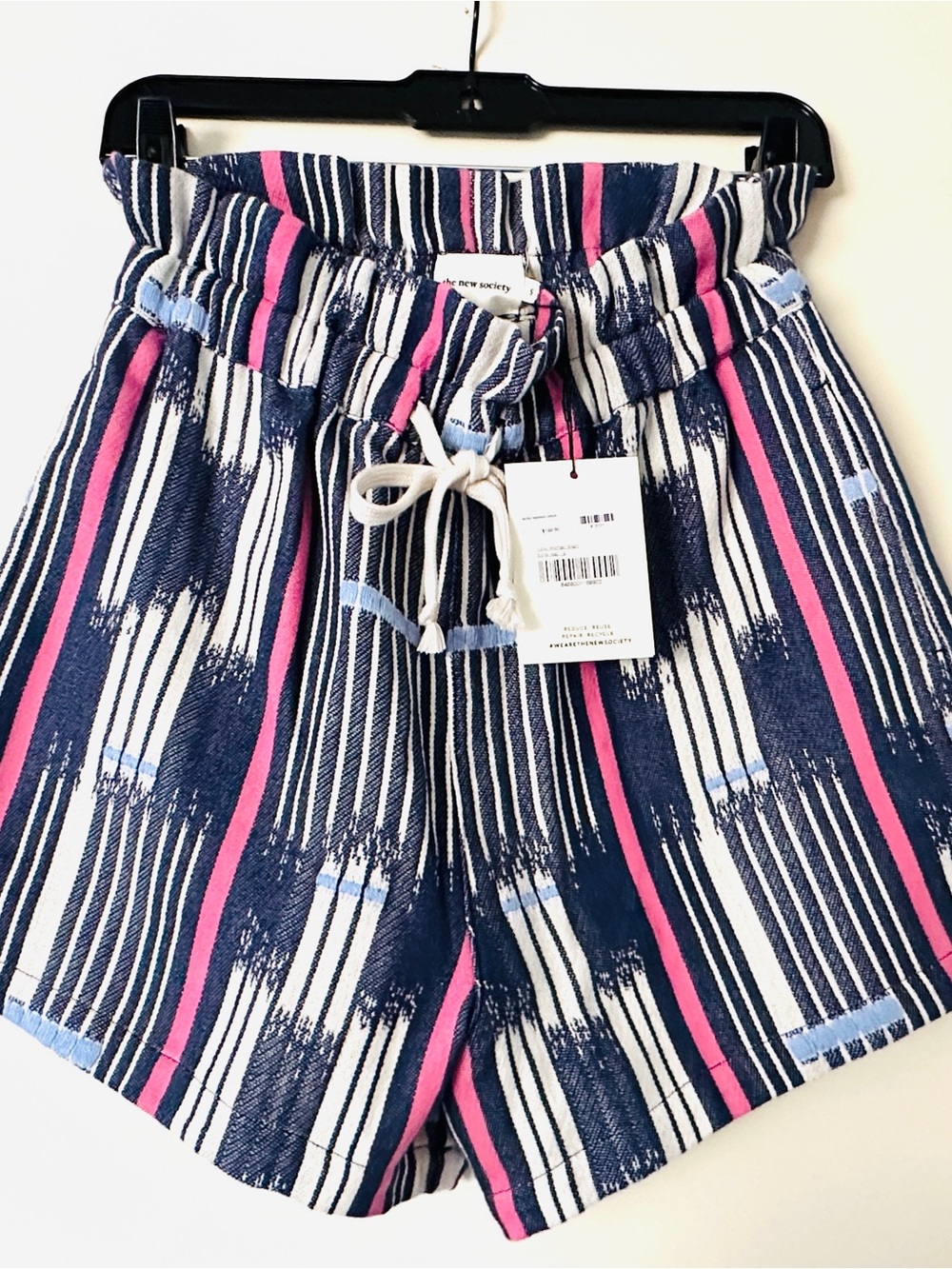 The New Society Navy High-Waist Striped Shorts with Pink White Accents Echo Ikat